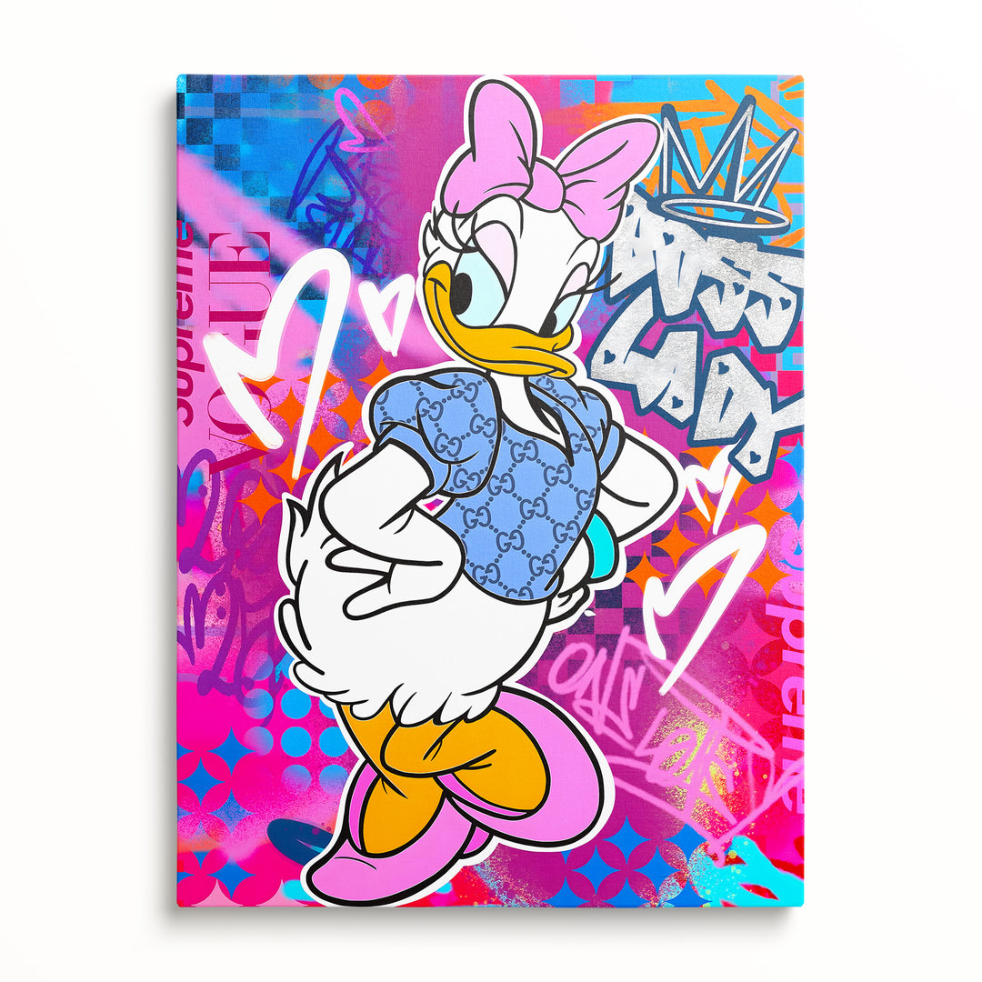 Motivační obraz Daisy Duck v růžovém street-art stylu – pohled zepředu.