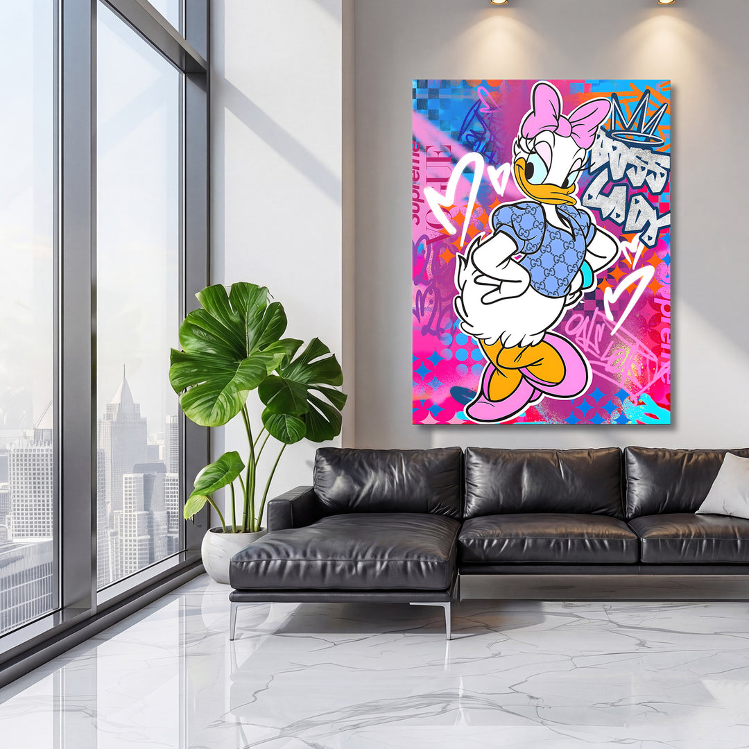 Motivační obraz Daisy Duck v moderním světlém obývacím pokoji.