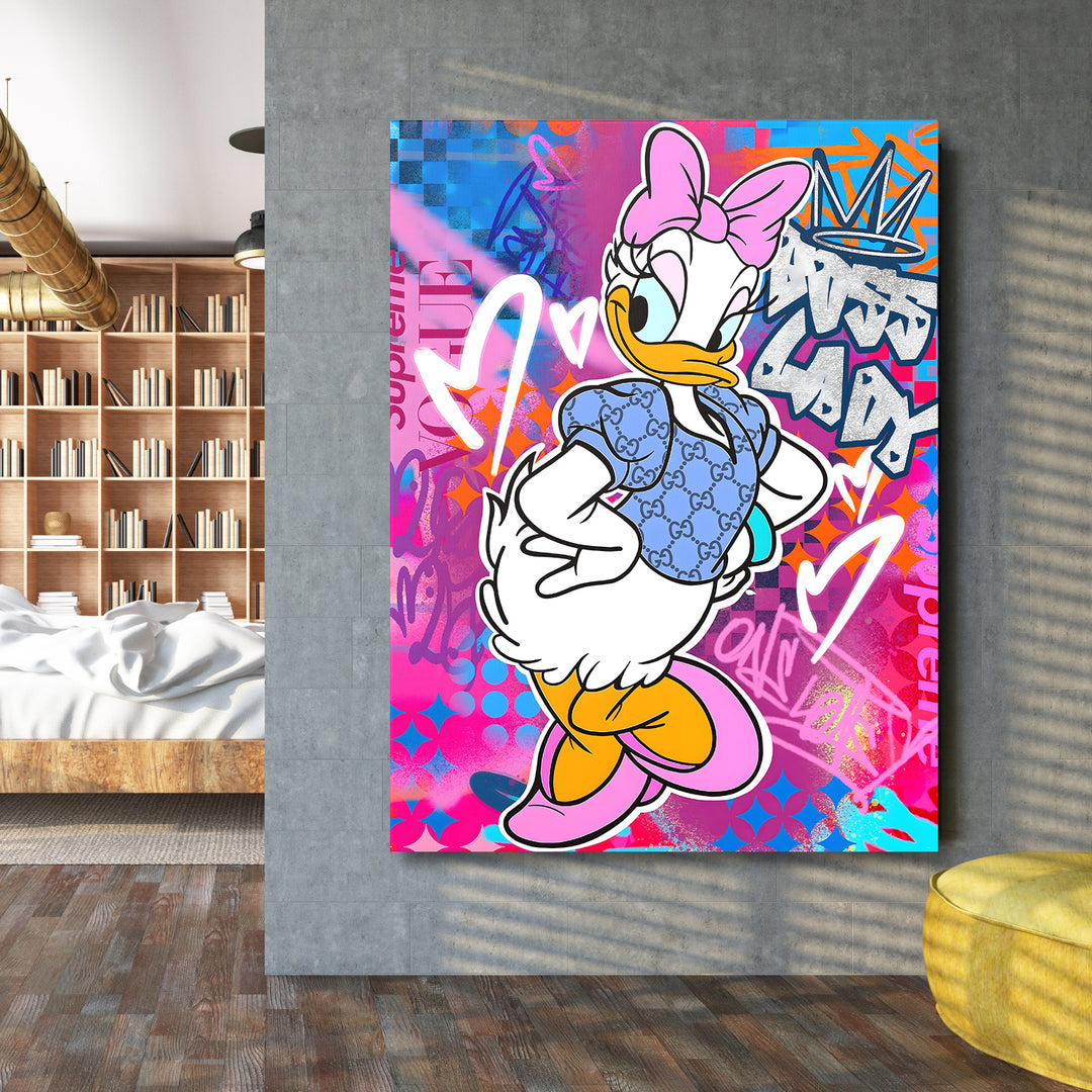 Motivační obraz Daisy Duck v barevném komiksovém pop-art stylu.