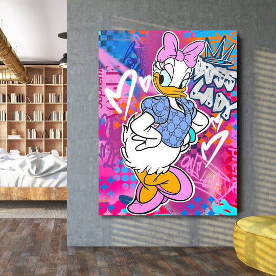 Motivační obraz Daisy Duck v barevném komiksovém pop-art stylu.