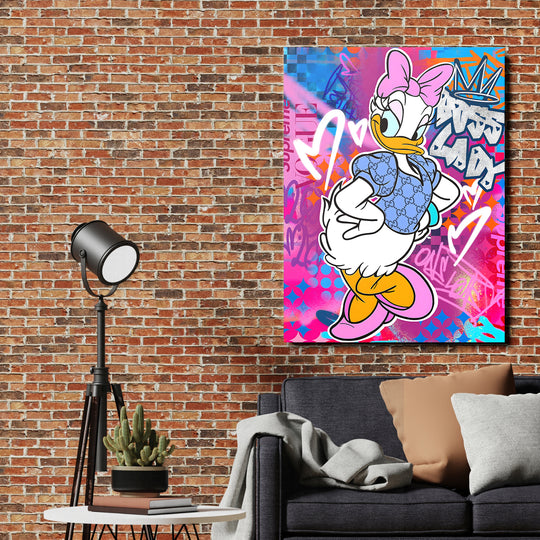 Motivační obraz Daisy Duck na cihlové stěně.