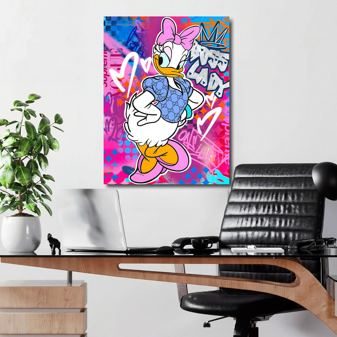 Motivační obraz Daisy Duck v moderní kanceláři.