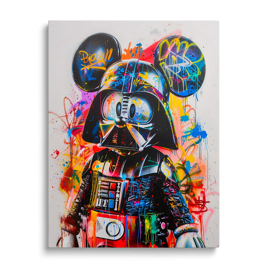 Pop art obraz na zeď s graffiti Darth Vader v Mickey uších, barevný street art, obraz zepředu