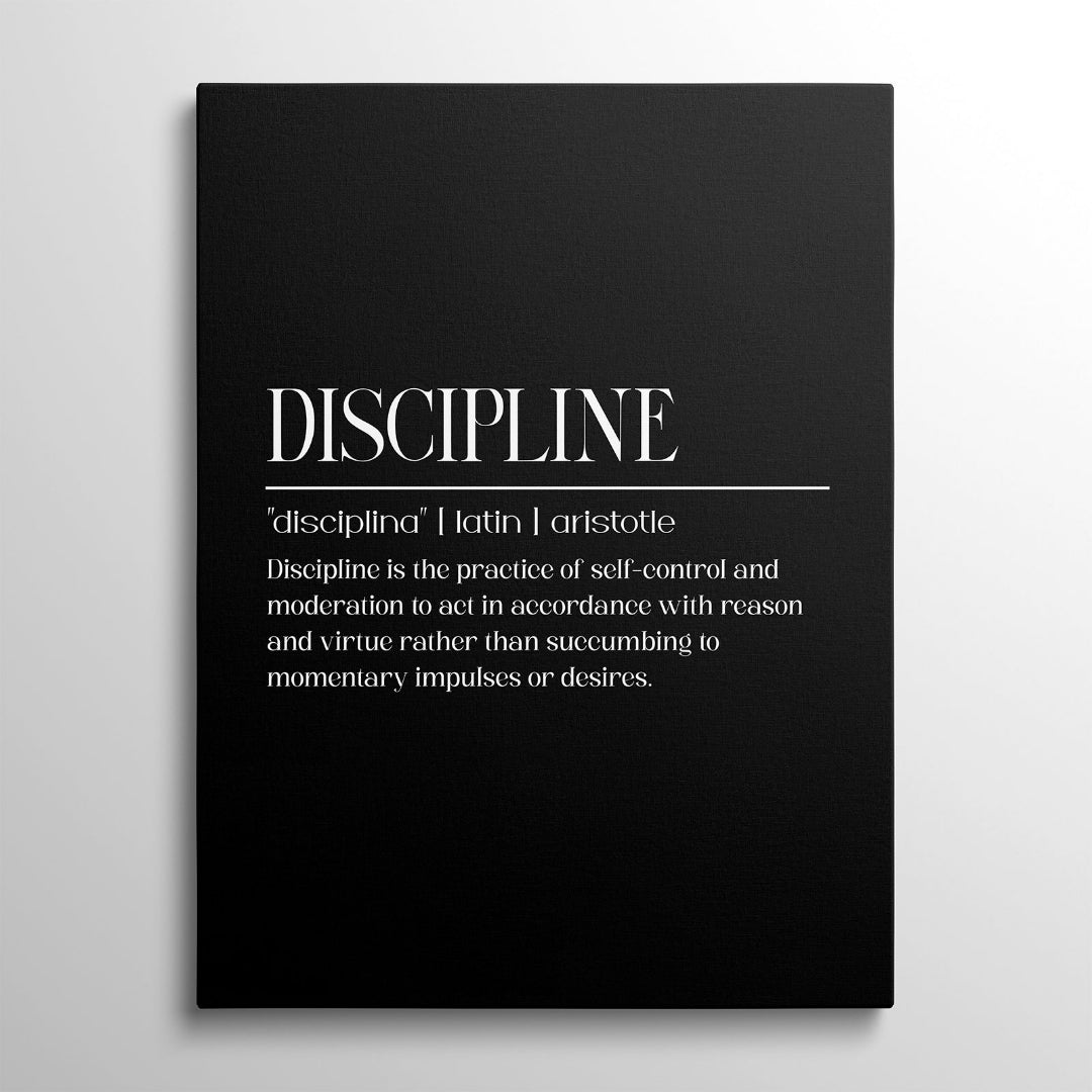 Motivační obraz na plátně, černé pozadí a bílý citát o disciplíně v minimalistickém typografickém designu, obraz zepředu