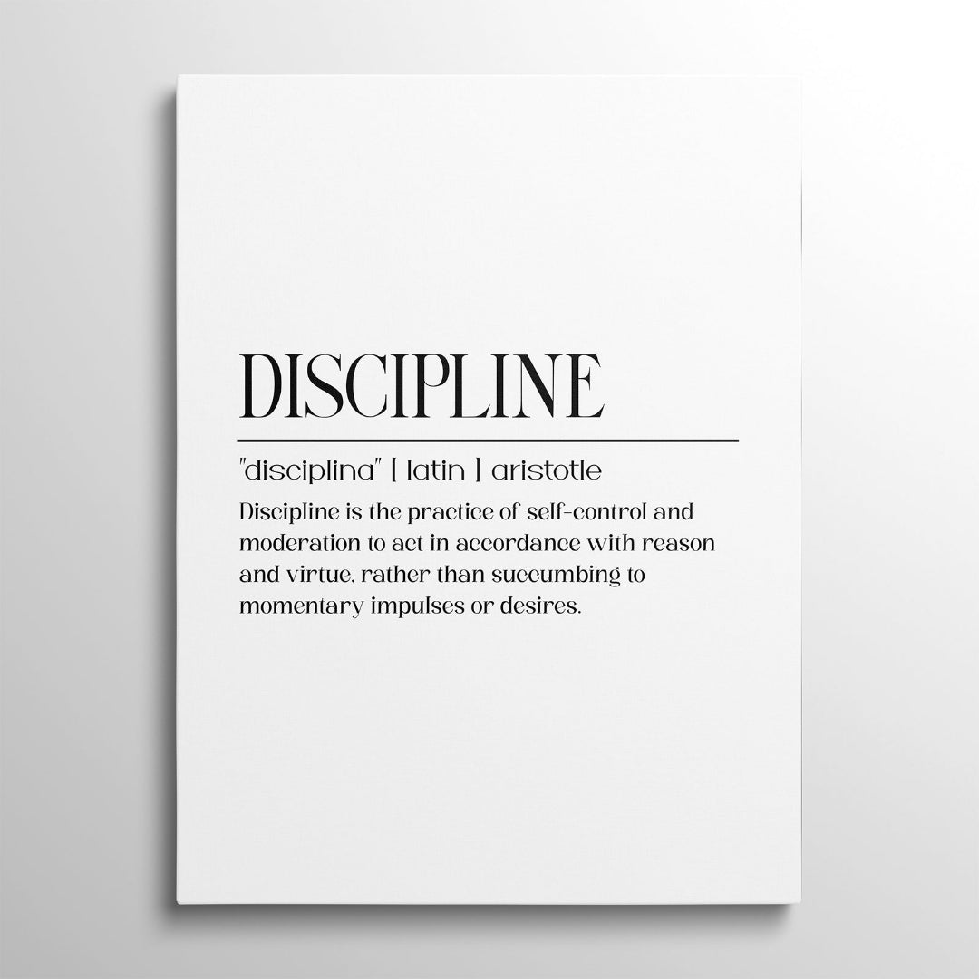 Motivační obraz na plátně s minimalistickým nápisem DISCIPLINE a definicí v moderním typografickém designu, obraz zepředu