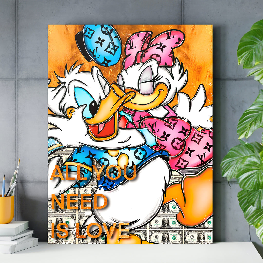 Motivační obraz Donald & Daisy Duck · All You Need Is Love – ukázka v interiéru.