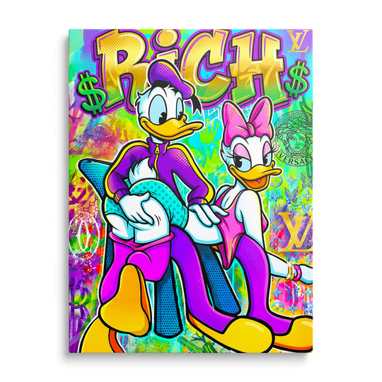 Motivační obraz na zeď s Kačerem Donaldem a Daisy v pop art graffiti stylu s motivem peněz a značky Versace