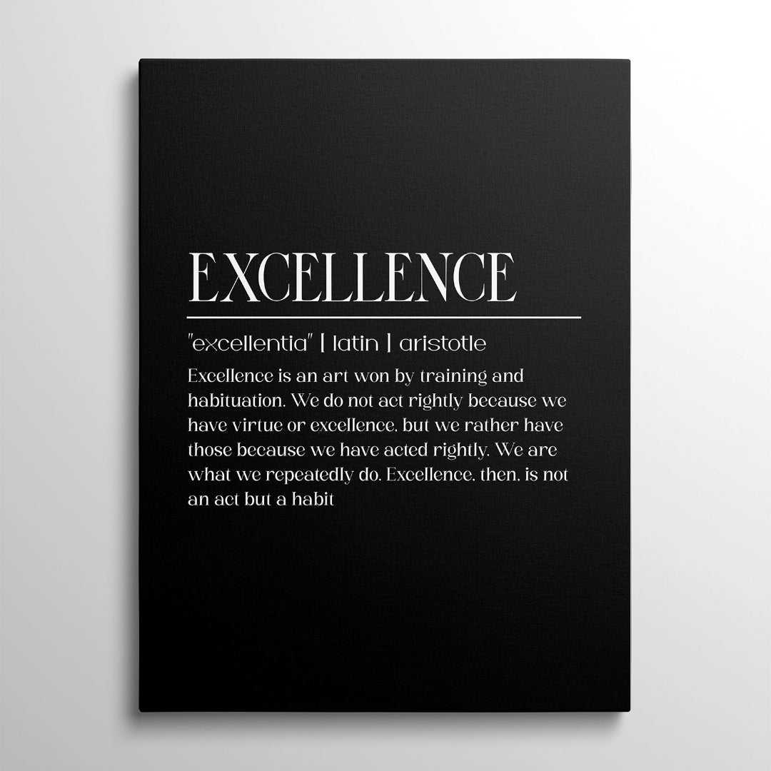 Motivační obraz na plátně s Aristotelovým citátem o excelenci v černobílém minimalistickém designu, obraz zepředu