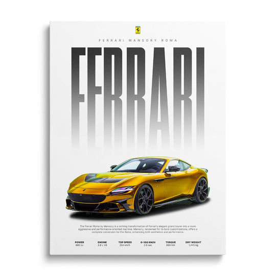 Motivační obraz zlatého Ferrari Mansory zepředu, luxusní obraz na bílé plátně v minimalistickém designu