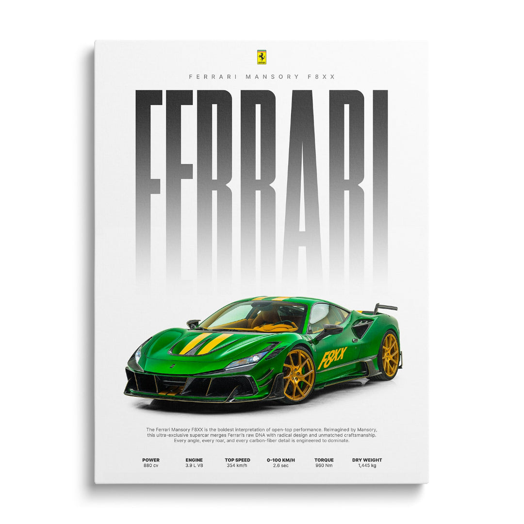Motivační obraz na zeď s Ferrari Mansory F8XX v zelenožluté barvě, sportovní supercar zepředu
