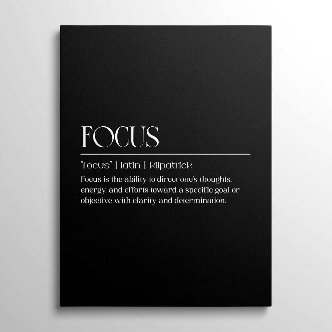 Motivační obraz na plátně s bílým nápisem FOCUS na černém minimalistickém pozadí