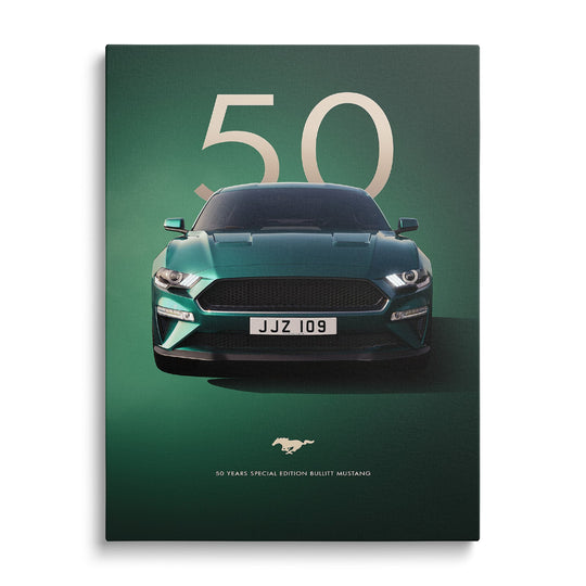 Motivační obraz na plátně s luxusním zeleným Ford Mustangem k 50. výročí, detailní pohled zepředu na výkon a design.
