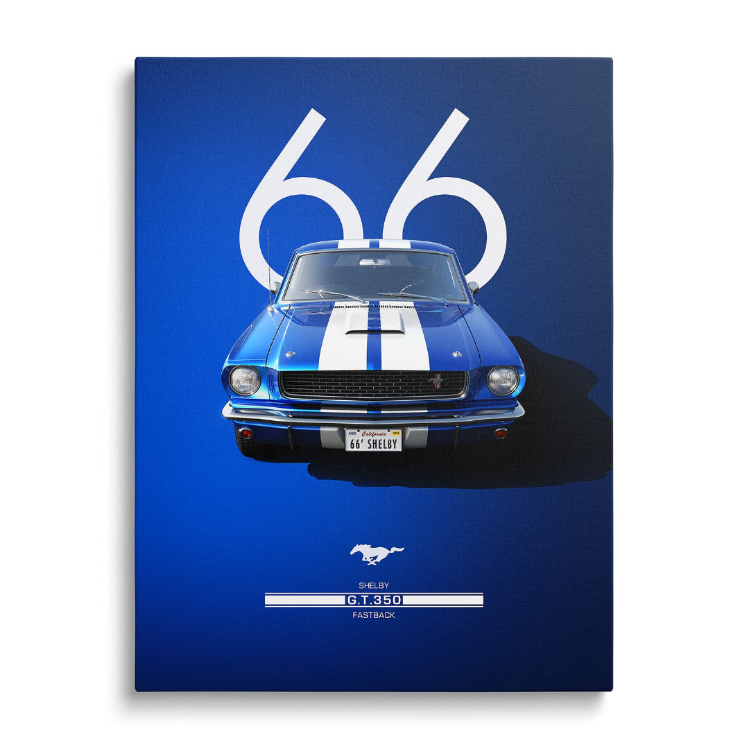 Motivační obraz na plátně s modrým Shelby GT350 Mustangem č. 66 v čelním pohledu