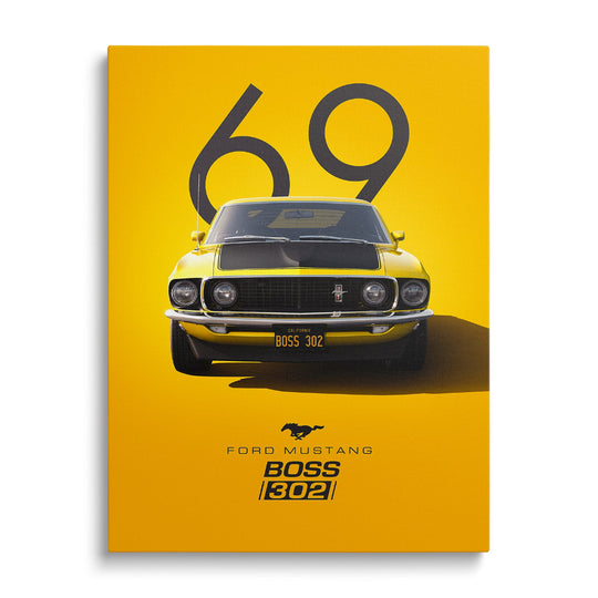 Motivační obraz na plátně se žlutým sportovním Fordem Mustang Boss 302 zepředu a černým závodním číslem 69