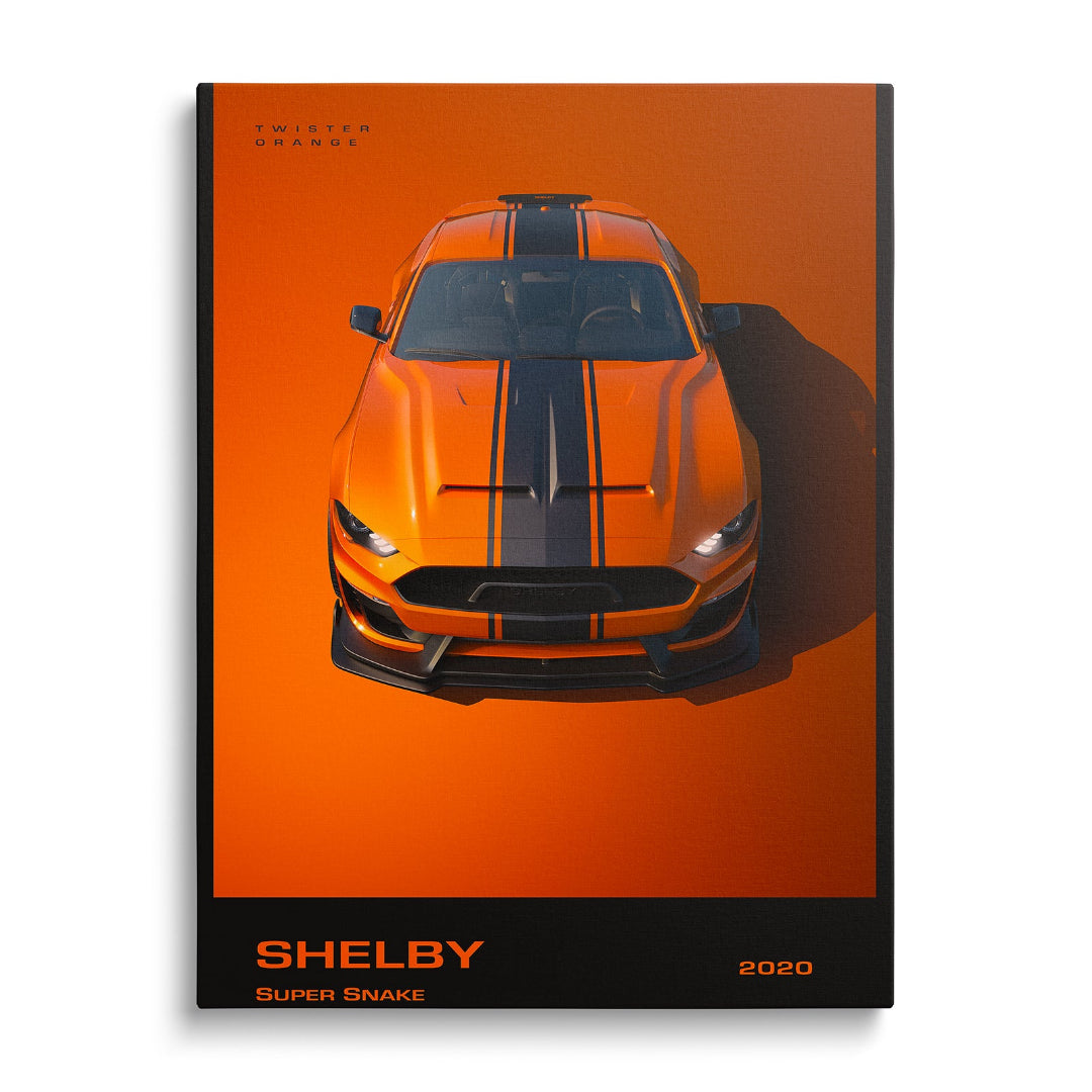 Motivační obraz na plátně s oranžovým sportovním autem Shelby Super Snake 2020 zepředu