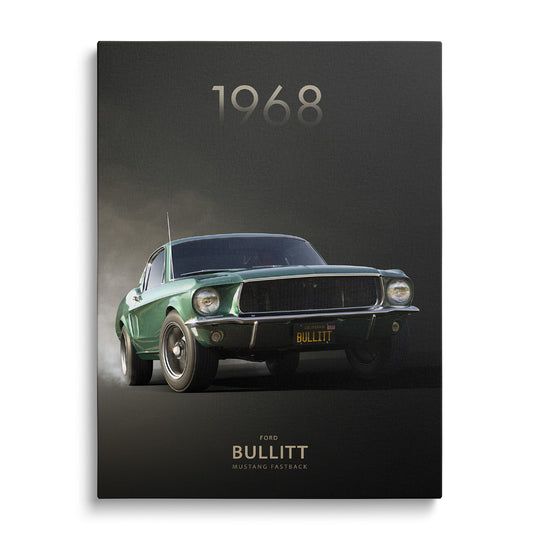 Obraz na plátně s čelním pohledem na zelený Mustang Fastback 1968 Bullitt, retro muscle car v pohybu
