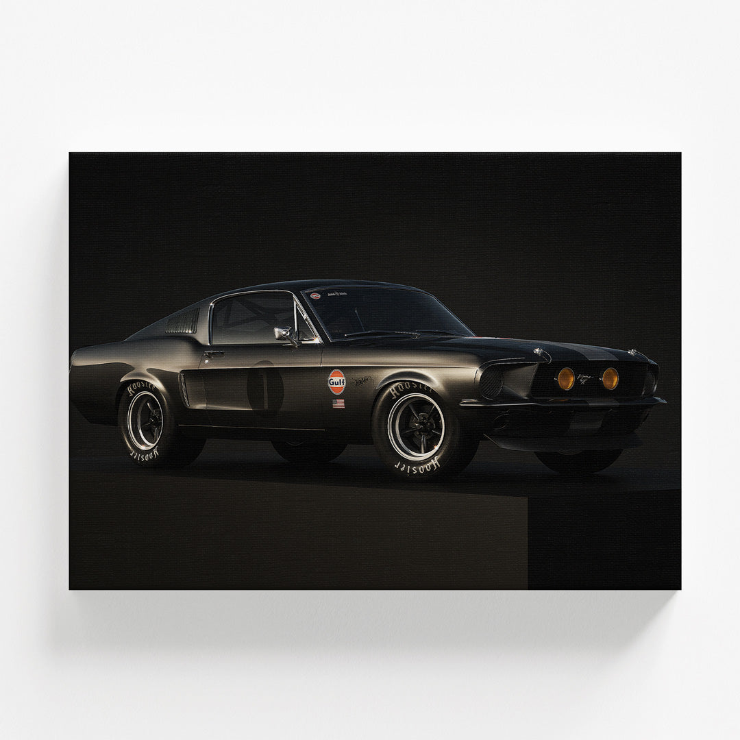 Motivační obraz na zeď s černým klasickým Ford Mustangem zepředu, atmosféra luxusu a výkonu