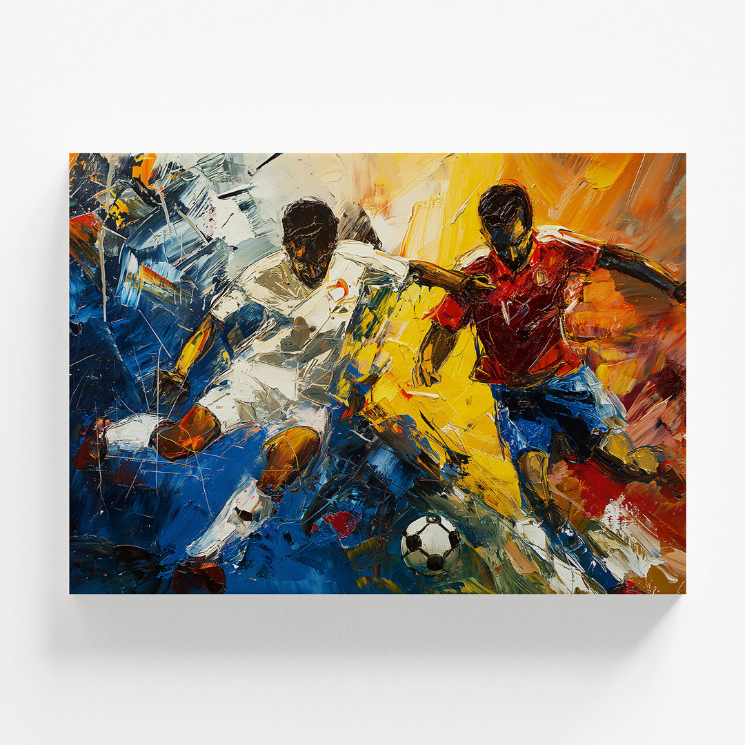 Pop art obraz na zeď s dynamickým fotbalovým soubojem a explozí sportovní energie, obraz zepředu.