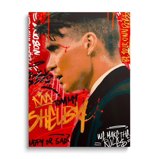 Motivační obraz na plátně s portrétem muže v obleku a zlatým graffiti na červeném pozadí