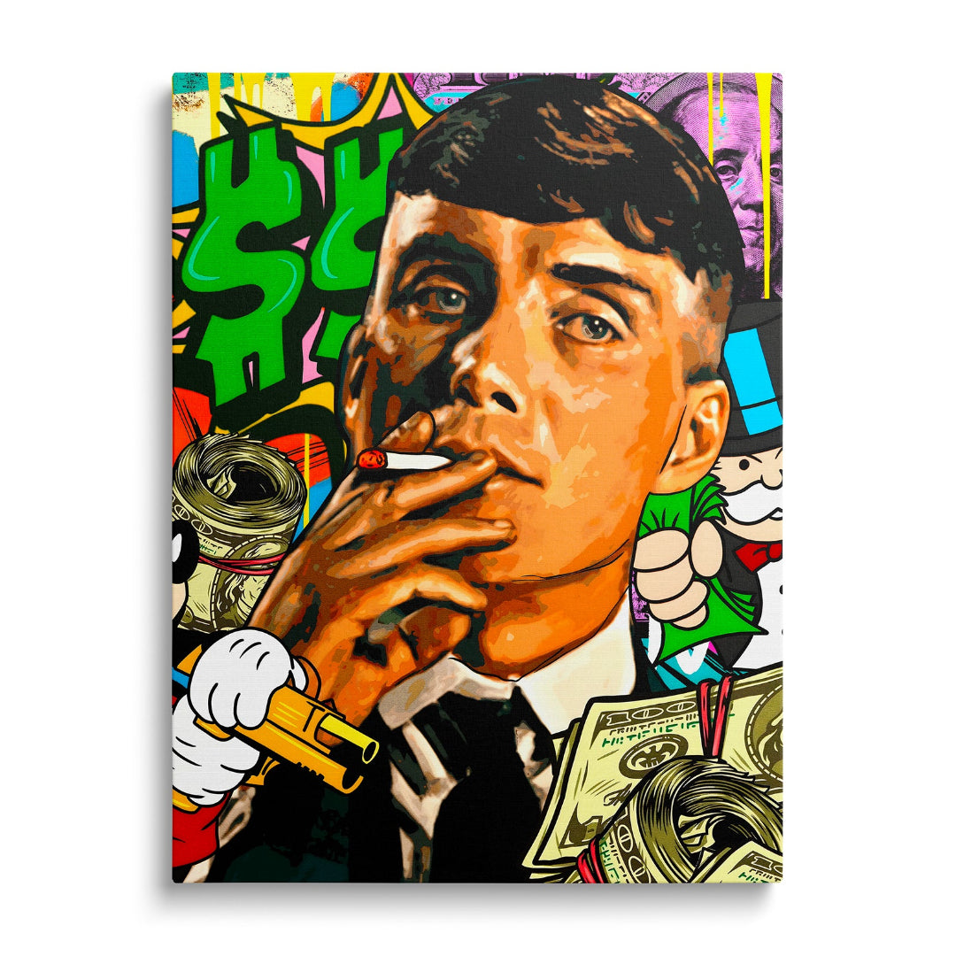 Pop art obraz na zeď s portrétem muže kouřícího cigaretu, graffiti dolarů a ikonou Monopoly