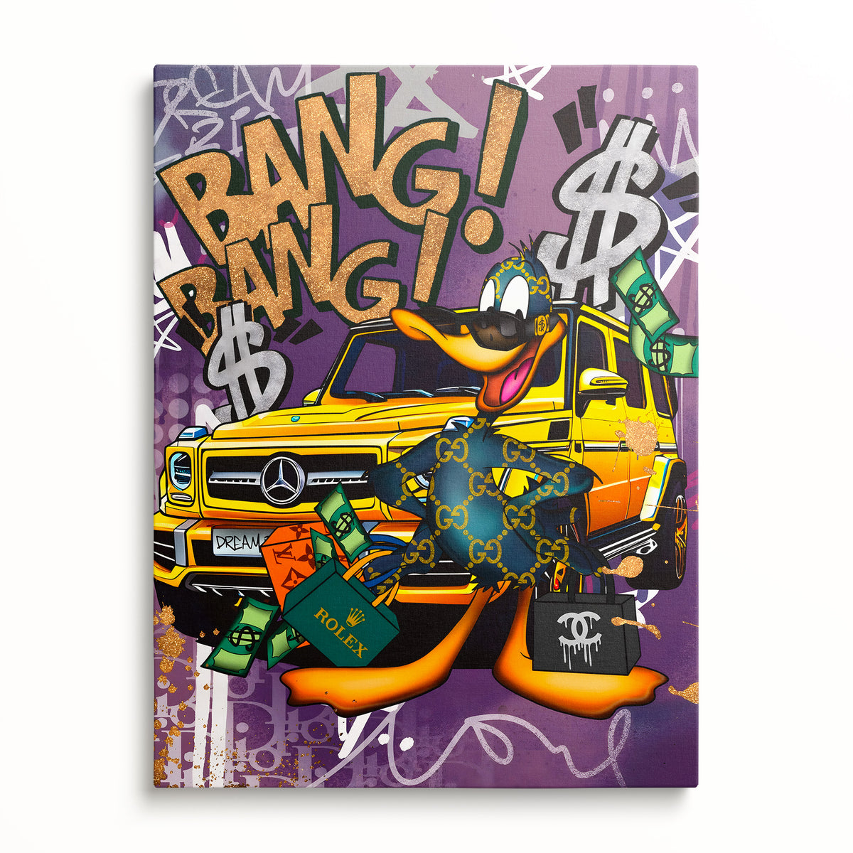 Motivační obraz Goofy s Mercedesem a sloganem Bang Bang – pohled zepředu.
