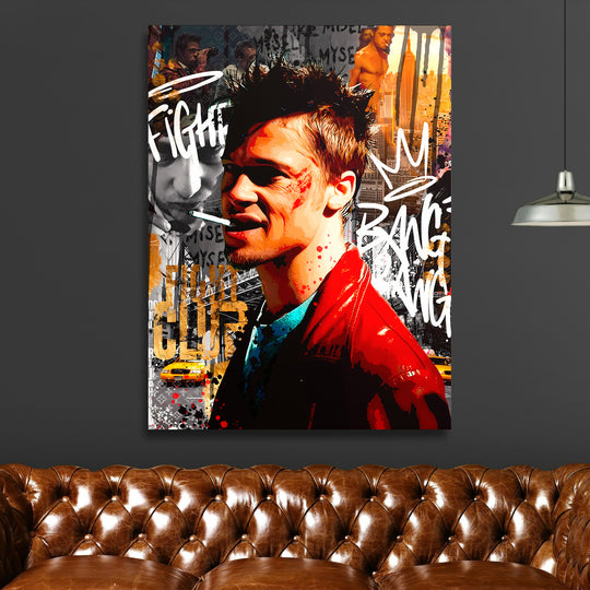 Motivační obraz na zeď s pop art koláží Fight Clubu, graffiti a newyorským taxi nad koženou sedačkou