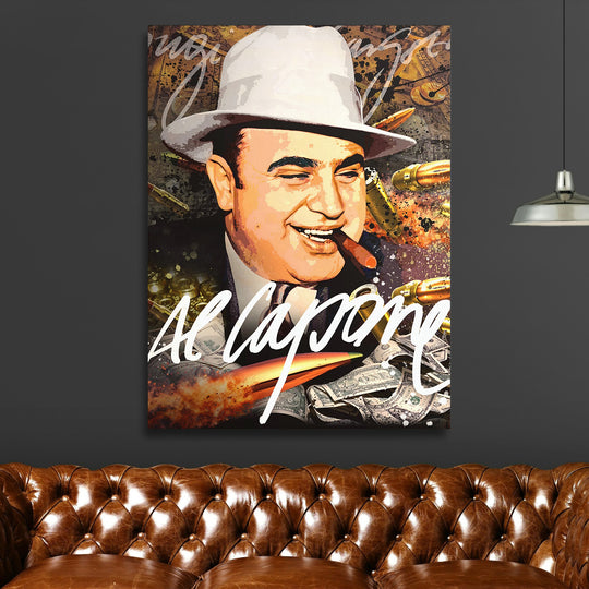 Pop art obraz na zeď s Al Caponem v obýváku, cigáro, peníze a kulky, motivační gangster lifestyle