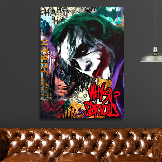 Pop art obraz na zeď s Jokerem a Batmanem v graffiti stylu nad luxusní koženou sedačkou v moderním obýváku
