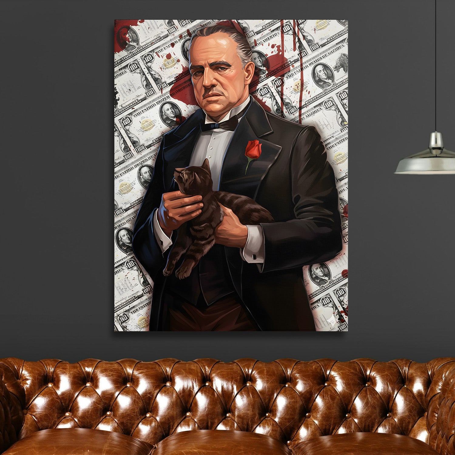 Pop art obraz muže v obleku s kočkou před dolarovými bankovkami a červenými skvrnami jako motivační obraz na zeď