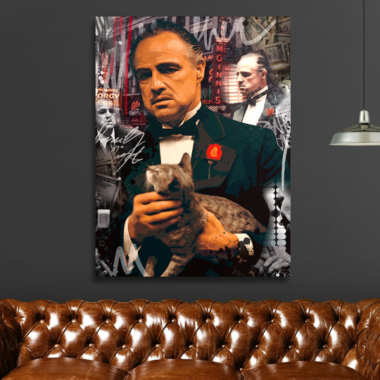Pop art obraz muže v smokingu s kočkou před neonovým pozadím, motivační obraz na plátně