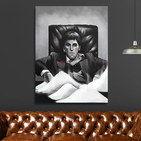 Moderní pop art obraz na plátně do obýváku, černobílý gangster s krví a hromadou bílého prášku