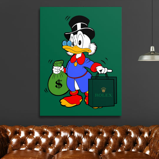 Motivační obraz na plátně s kresleným kačerem držícím pytel peněz a nákupní tašku Rolex, pop art, lifestyle