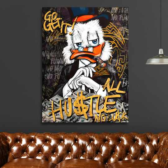 Motivační pop art obraz na zeď s kachním magnátem, dolarovými bankovkami a graffiti v obývacím pokoji