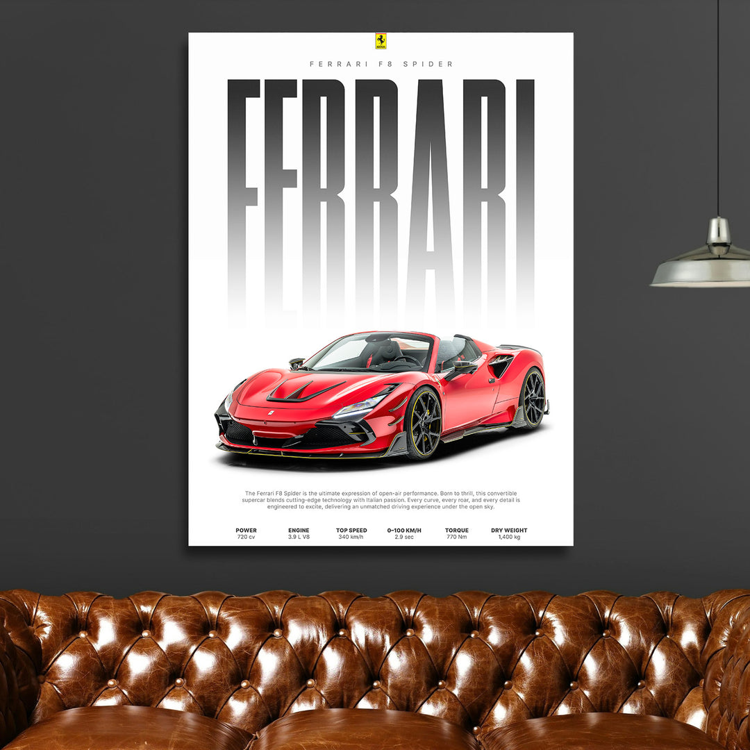Luxusní obraz na zeď s červeným Ferrari F8 Spider nad hnědou koženou pohovkou v obýváku
