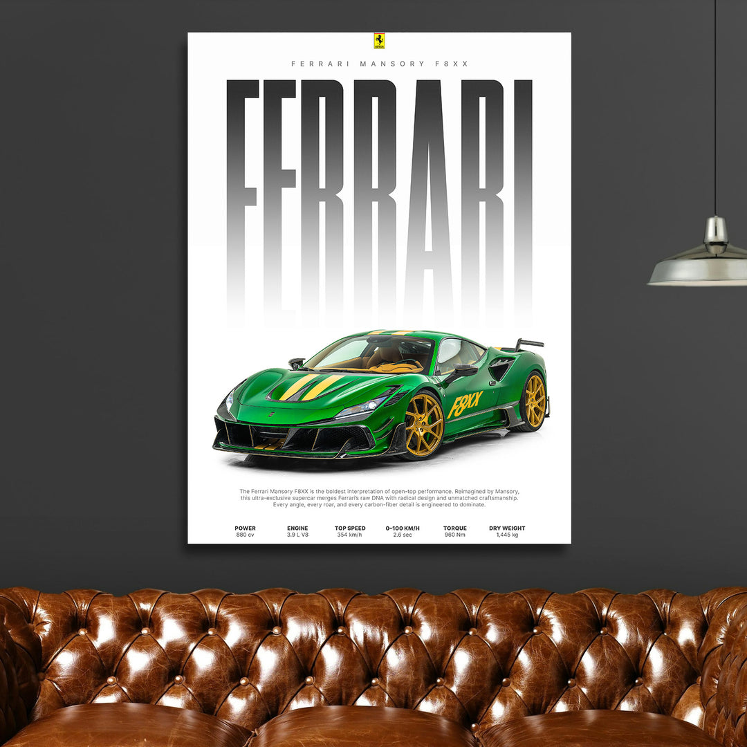 Luxusní obraz na plátně se zeleným Ferrari F8XX nad hnědou koženou sedačkou a stříbrnou stojací lampou