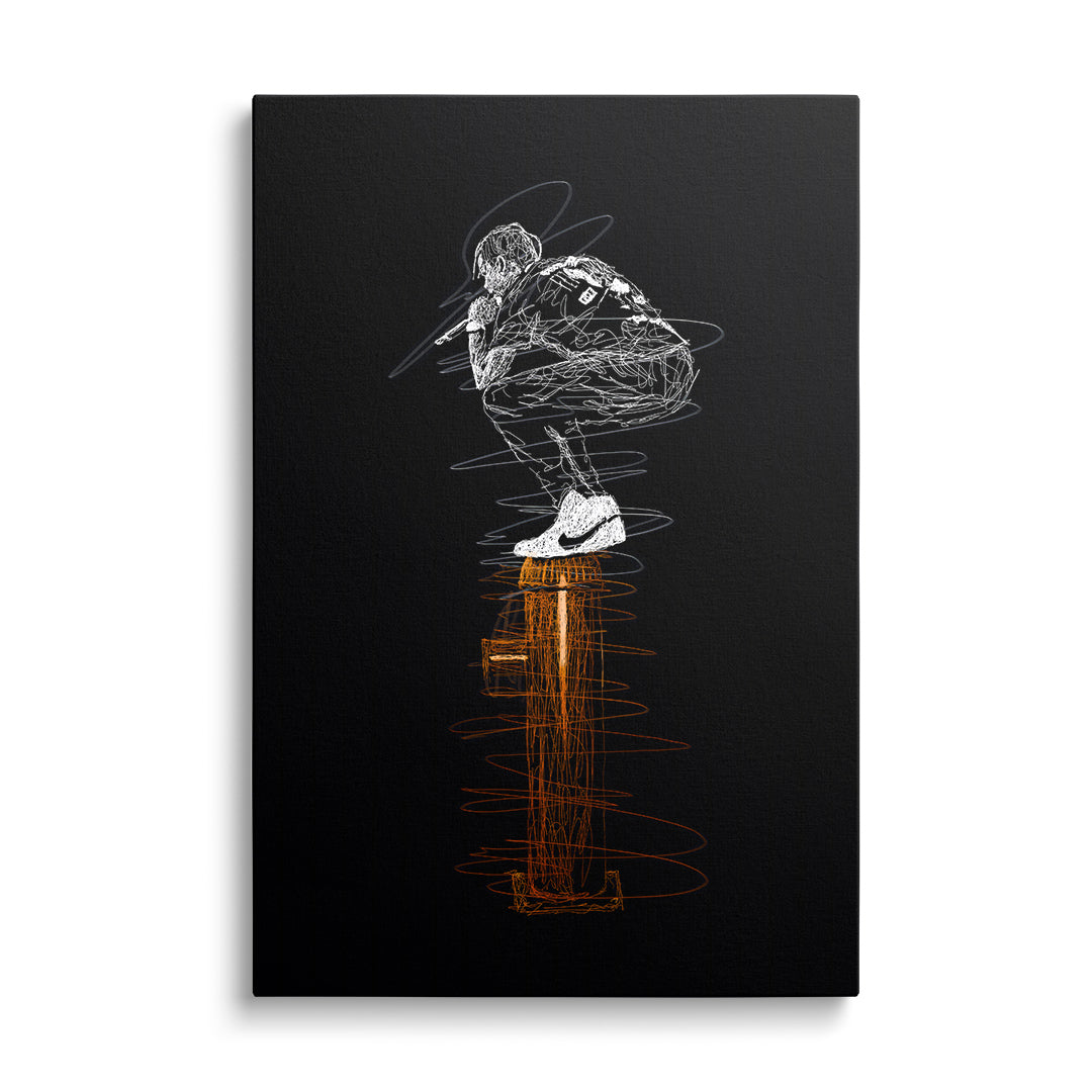 Motivační obraz na plátně, street art skica postavy s mikrofonem v Nike teniskách na oranžovém sloupci, frontální pohled