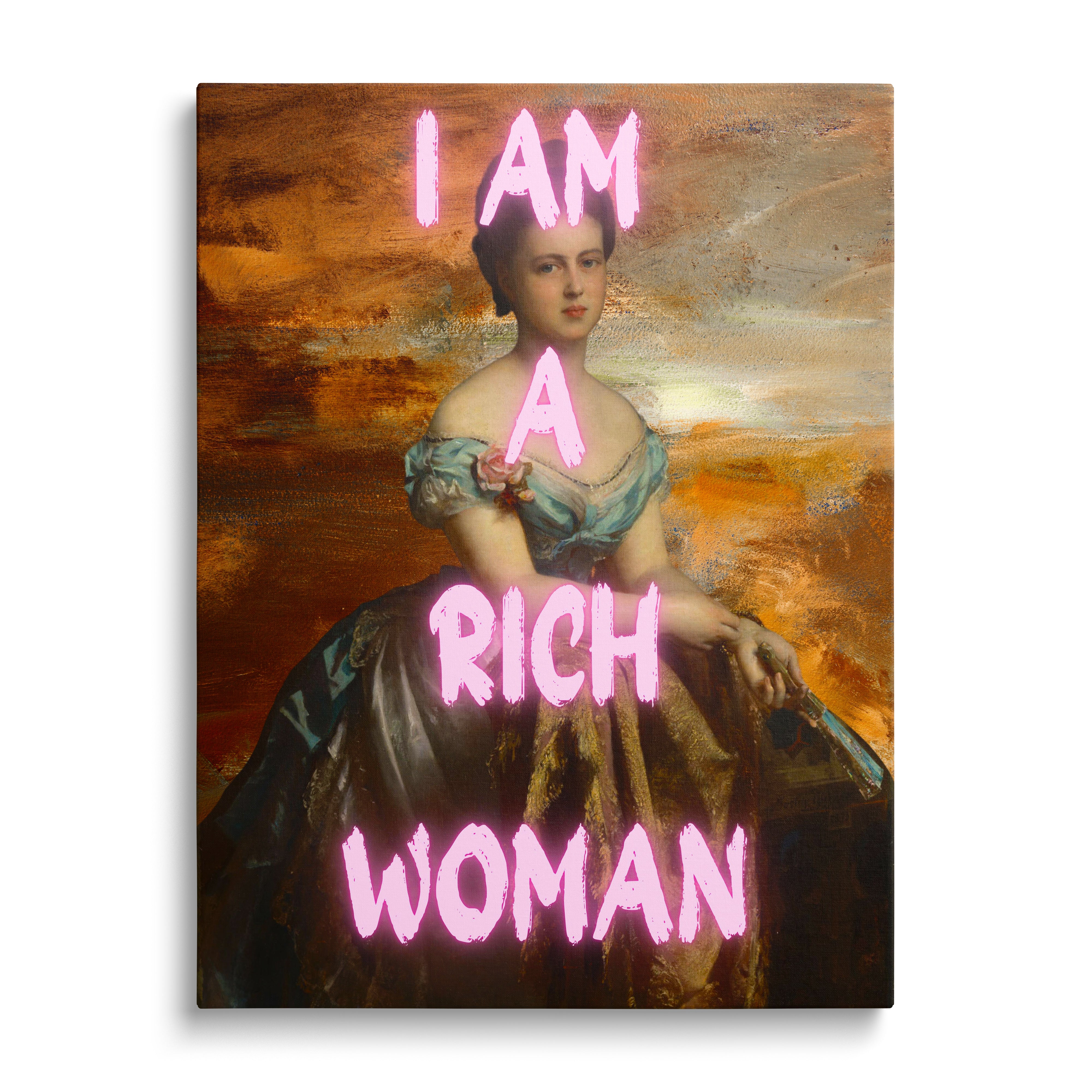 Luxusní motivační obraz na zeď: barokní portrét dámy s růžovým neonovým nápisem I AM A RICH WOMAN