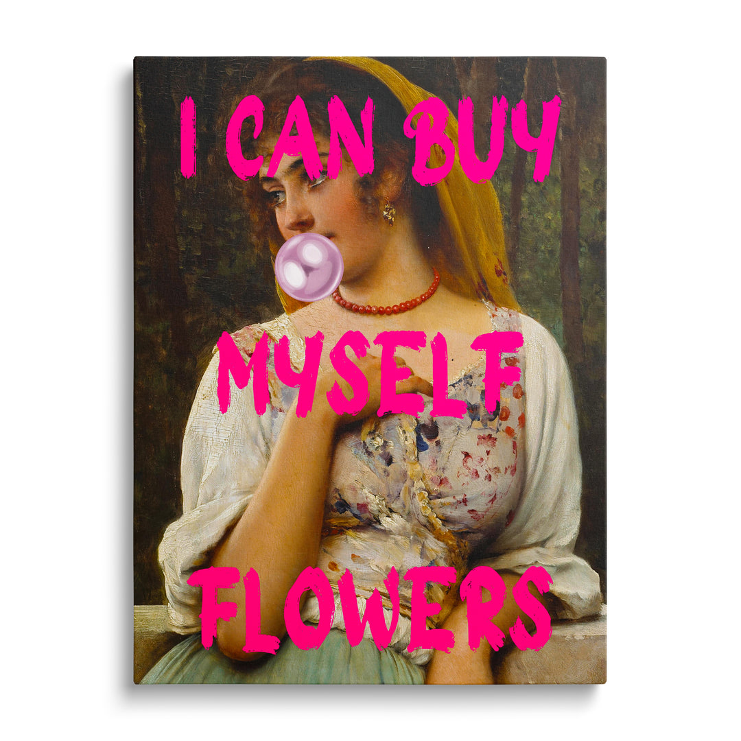 Motivační obraz na plátně: portrét ženy foukající růžovou bublinu s růžovým nápisem v pop art stylu