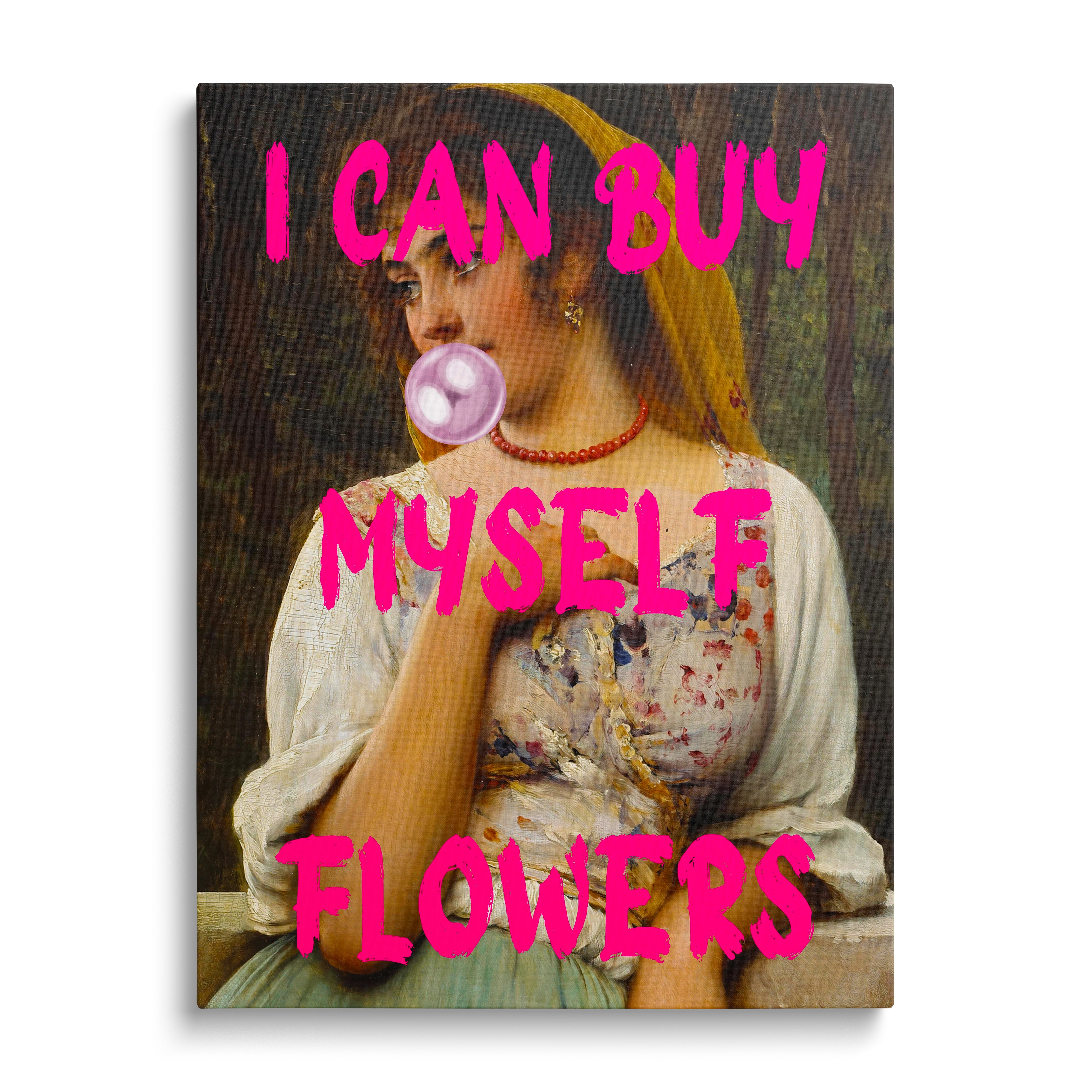 Motivační obraz na plátně: portrét ženy foukající růžovou bublinu s růžovým nápisem v pop art stylu