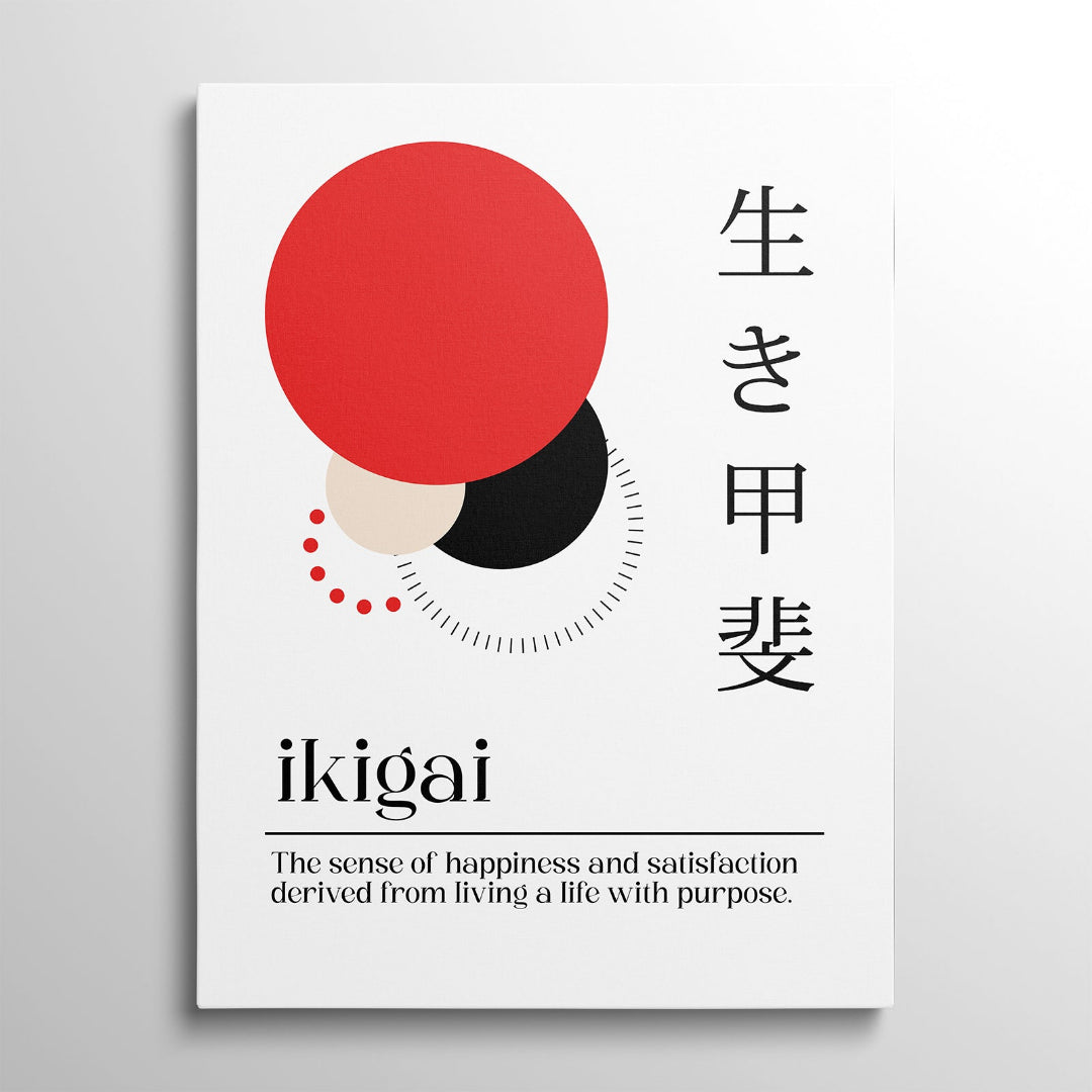 Motivační obraz na plátně s japonskými znaky ikigai, minimalistickými kruhy a anglickým citátem zepředu