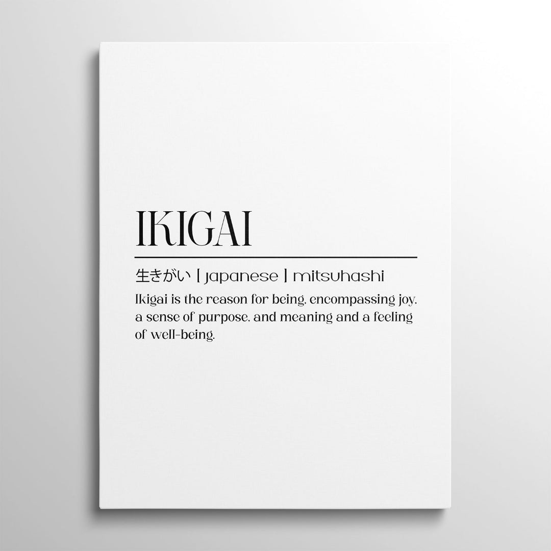 Motivační obraz na plátně Ikigai, minimalistický japonský nápis s anglickou definicí zepředu