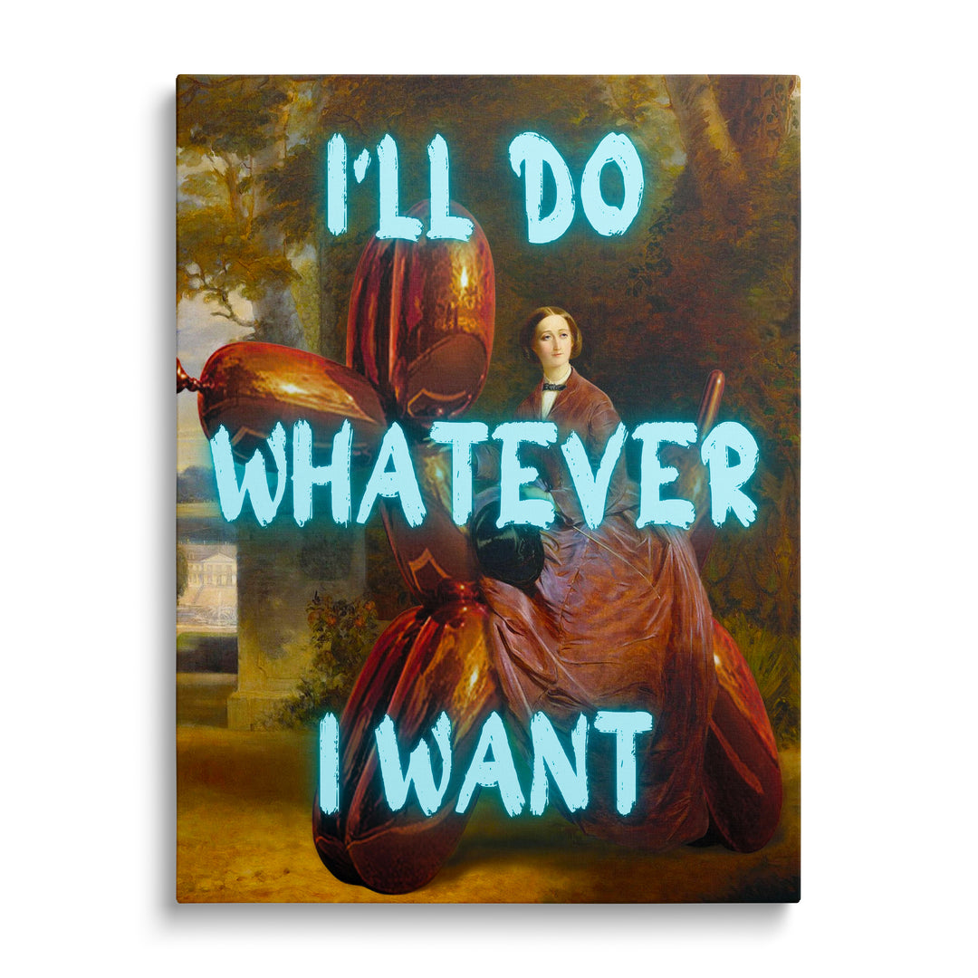 Motivační pop art obraz na plátně s neonovým citátem a balónkovou sochou, čelní pohled