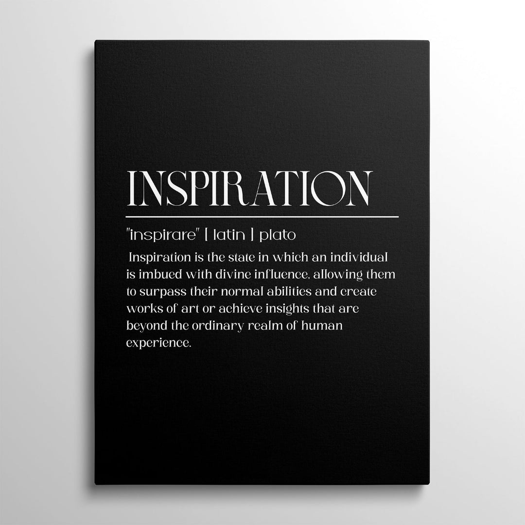 Motivační obraz na plátně s černým pozadím, bílým nápisem INSPIRATION a citátem od Platóna