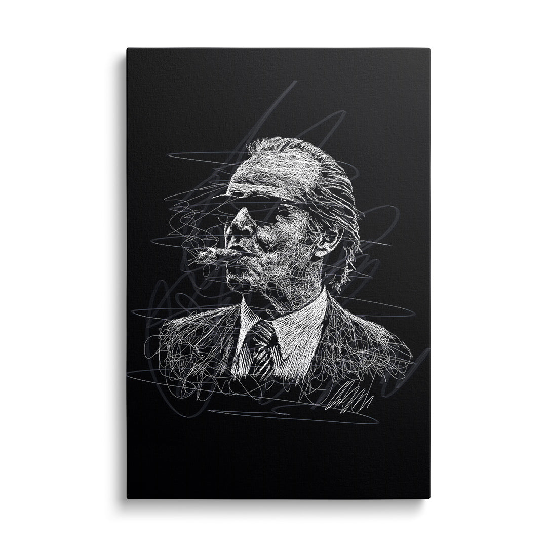 Motivační obraz na plátně: černobílý minimalistický portrét muže v obleku s doutníkem, frontální pohled