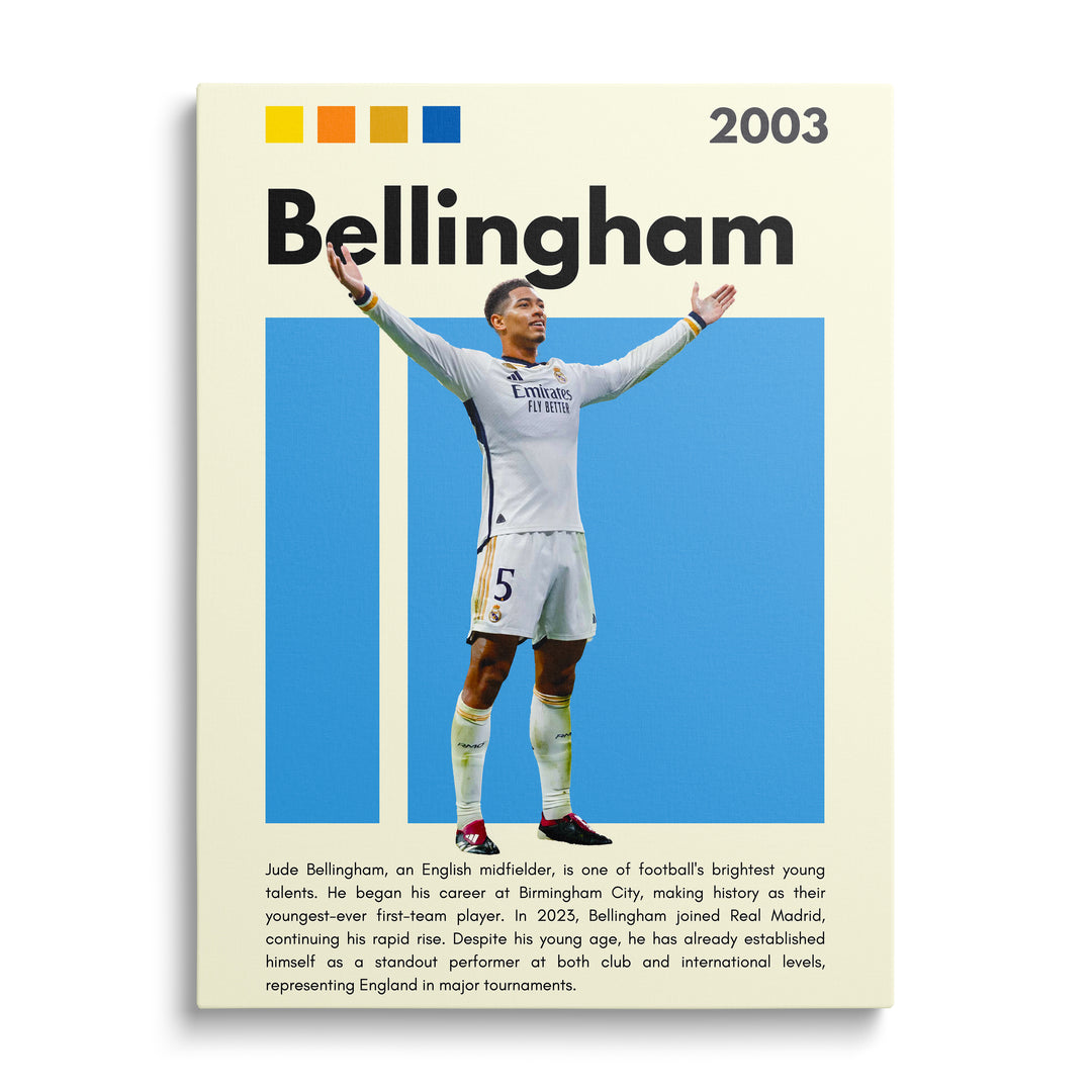 Motivační pop art obraz na plátně s fotbalistou v bílém dresu zepředu na modrém pozadí