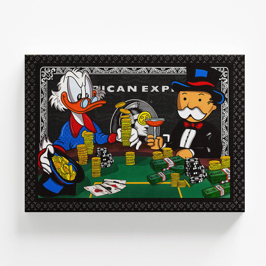 Luxusní pop art obraz na zeď s Kačerem Skrblíkem a maskotem Monopoly u pokerového stolu plného peněz