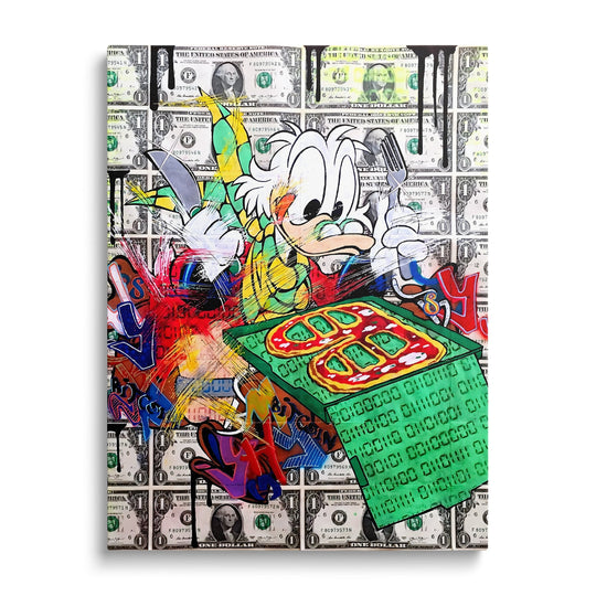 Motivační obraz na zeď se Skrblíkem a vidličkou nad bitcoinovým dortem na dolarovém pozadí, pop art styl