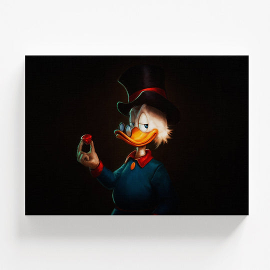 Luxusní pop art obraz na zeď s Kačerem Skrblíkem držícím červený diamant, motiv bohatství a úspěchu
