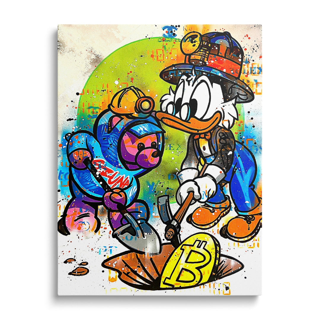 Pop art obraz na plátně s Kačerem Skrblíkem a medvídkem těžícími Bitcoin, moderní obraz na zeď zepředu