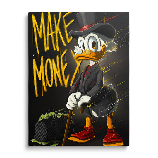 Pop art obraz Kačera Skrblíka, graffiti nápis MAKE MONEY, luxusní taška plná peněz, motivační obraz na zeď